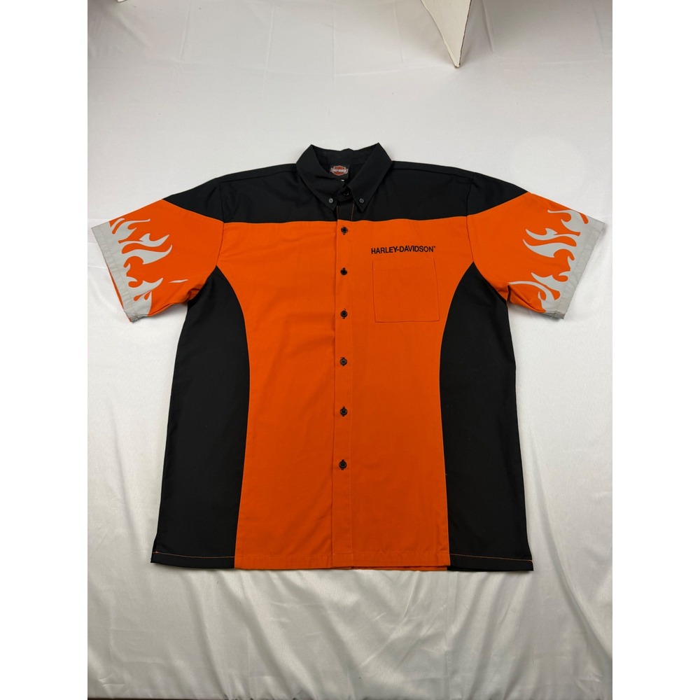 Harley-Davidson Button Down Shirt Mens Large Orange Black Screamin Eagle Flames